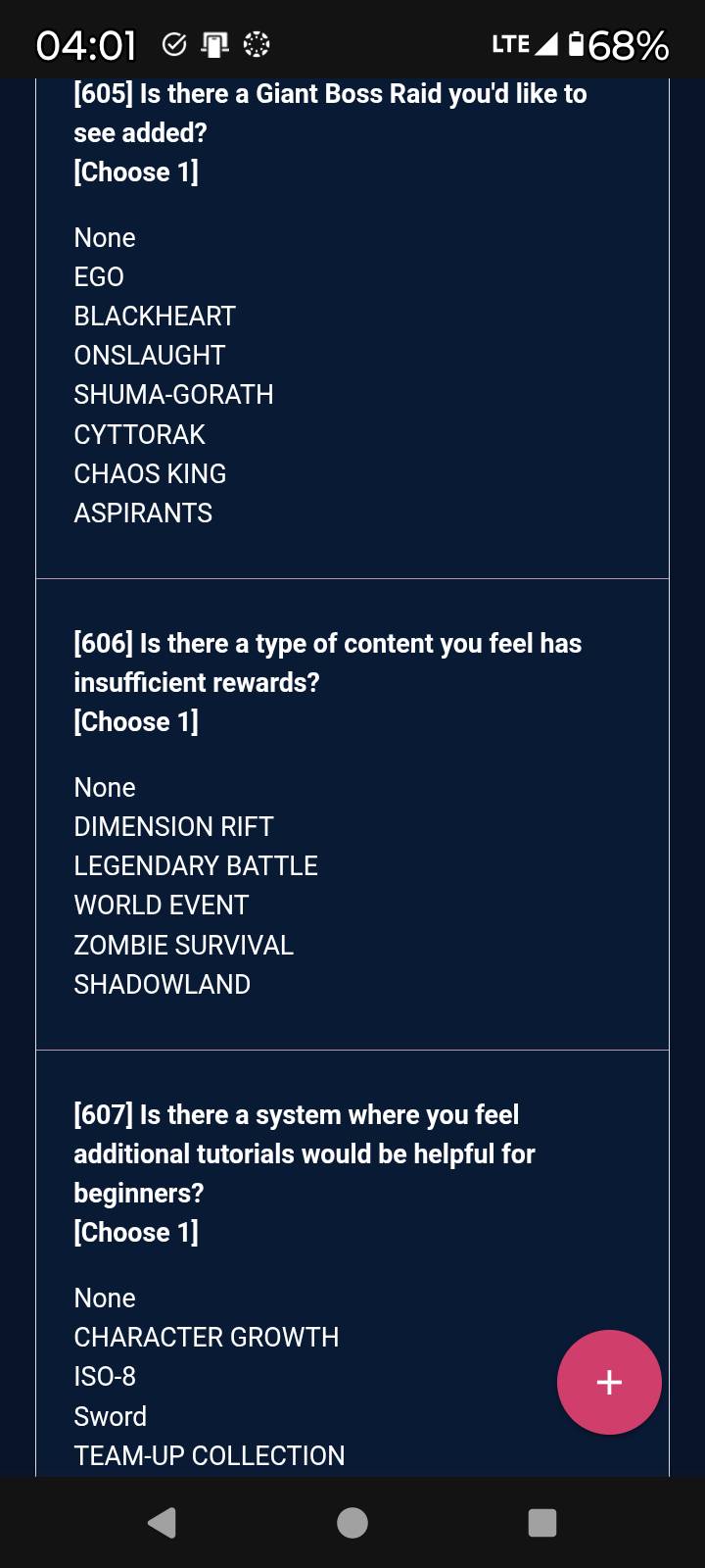 In game questions survey for 11.6 update leak - MARVEL Future Fight