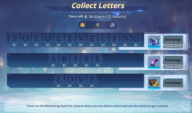 World Drop & Collect Letters Event - Solo Leveling:ARISE